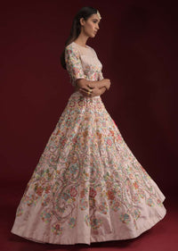 Powder Pink Lehenga Choli In Raw Silk With Hand Embroidered Floral Kalis Using Colorful Resham And Flower Sequins Online - Kalki Fashion