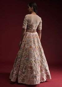 Powder Pink Lehenga Choli In Raw Silk With Hand Embroidered Floral Kalis Using Colorful Resham And Flower Sequins Online - Kalki Fashion