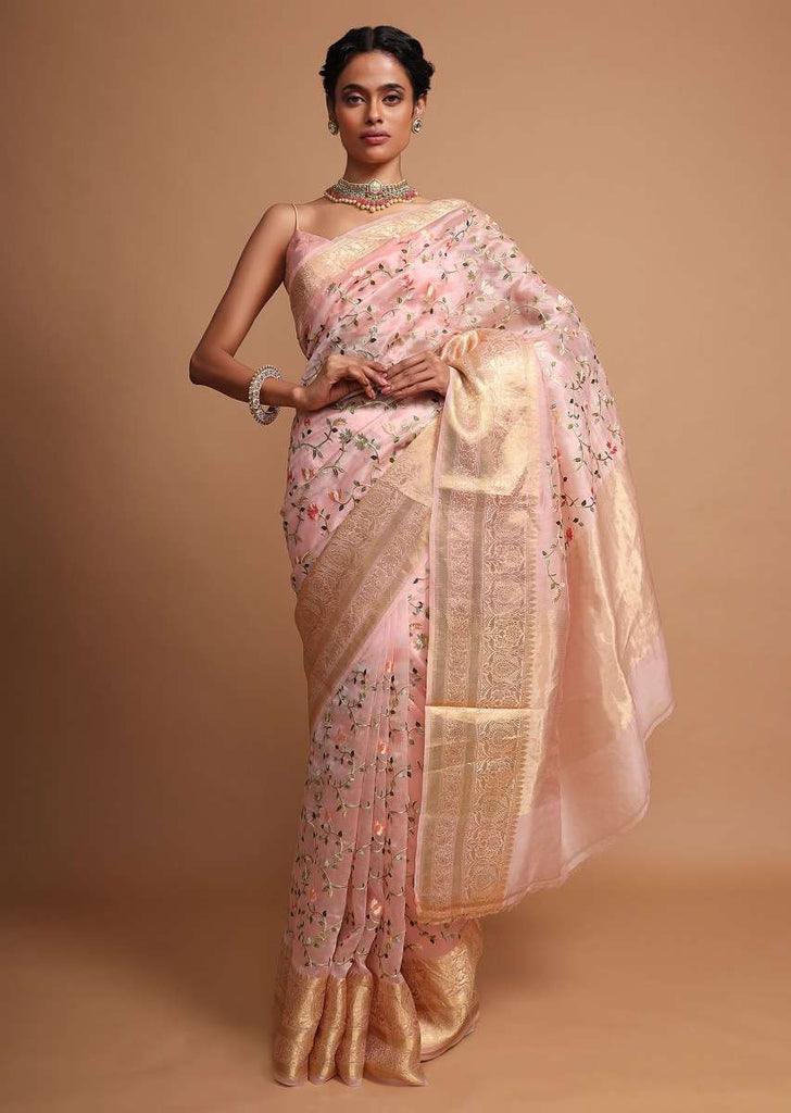 Powder Pink organza saree with multi color floral jaal work Online - Kalki Fashion