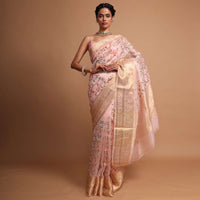 Powder Pink organza saree with multi color floral jaal work Online - Kalki Fashion