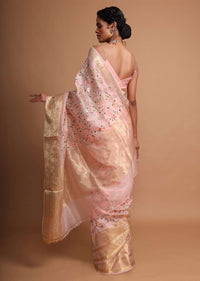 Powder Pink organza saree with multi color floral jaal work Online - Kalki Fashion