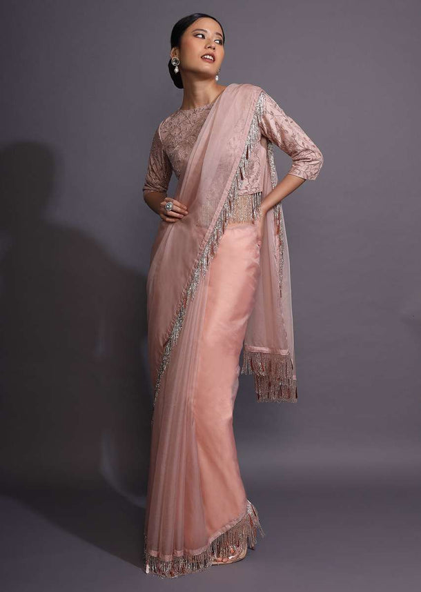 Powder Pink Plain Saree In Organza With Cut Dana Fringes On The Border And Pallu Online - Kalki Fashion