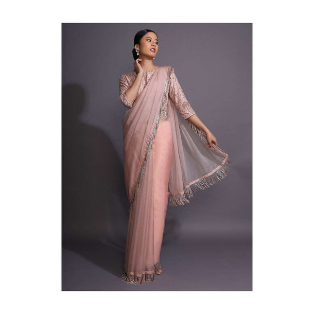 Powder Pink Plain Saree In Organza With Cut Dana Fringes On The Border And Pallu Online - Kalki Fashion