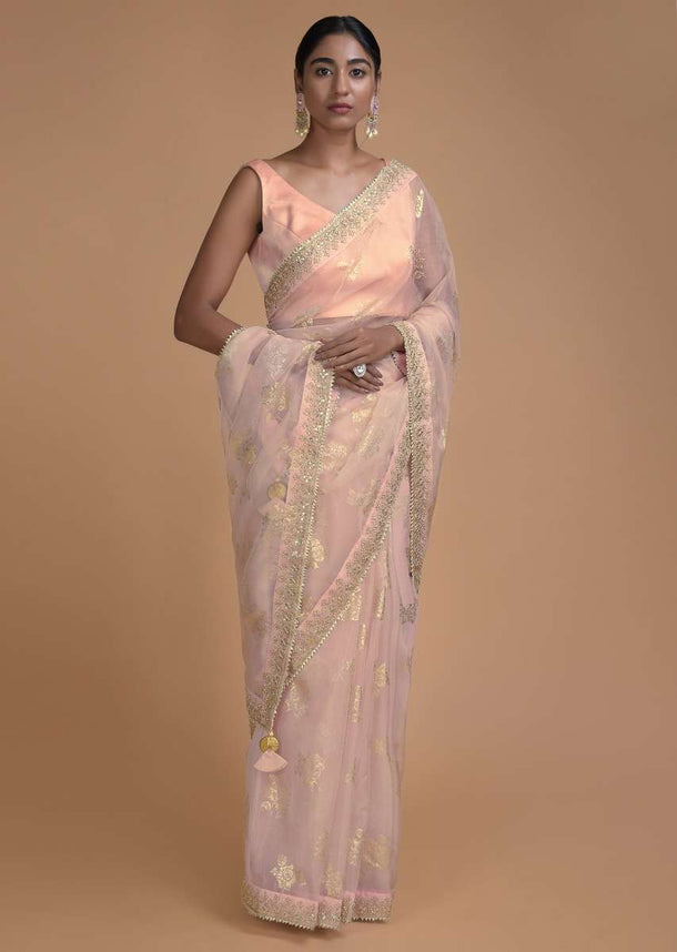 Powder Pink Saree In Organza With Foil Printed Floral Buttis All Over