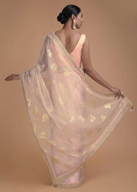 Powder Pink Saree In Organza With Foil Printed Floral Buttis All Over