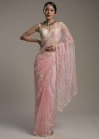 Powder Pink Saree In Organza With Moti And Cut Dana Embroidered Border And Unstitched Blouse