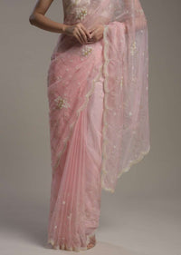 Powder Pink Saree In Organza With Moti And Cut Dana Embroidered Border And Unstitched Blouse