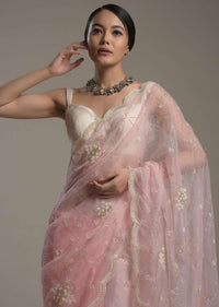 Powder Pink Saree In Organza With Moti And Cut Dana Embroidered Border And Unstitched Blouse