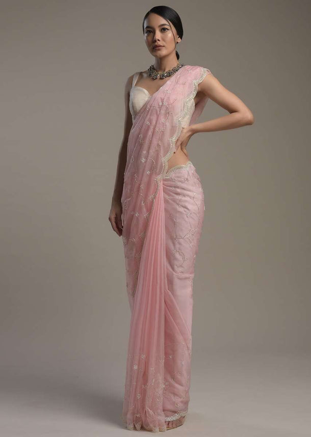 Powder Pink Saree In Organza With Moti And Cut Dana Embroidered Border And Unstitched Blouse