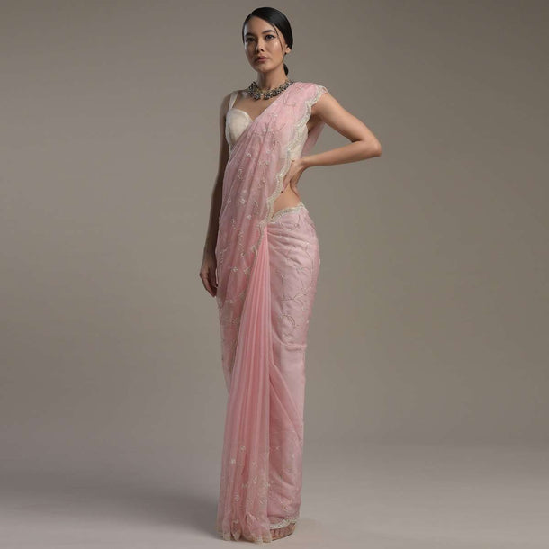 Powder Pink Saree In Organza With Moti And Cut Dana Embroidered Border And Unstitched Blouse