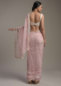 Powder Pink Saree In Organza With Moti And Cut Dana Embroidered Border And Unstitched Blouse