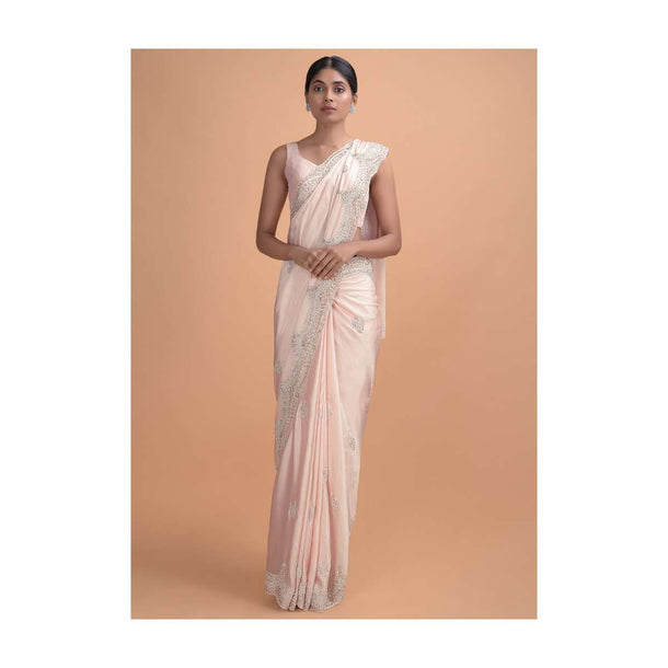 Powder Pink Saree In Satin Silk With Embellished Honeycomb Pattern And Floral Buttis Online - Kalki Online