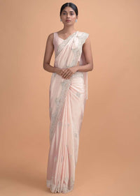 Powder Pink Saree In Satin Silk With Embellished Honeycomb Pattern And Floral Buttis Online - Kalki Online