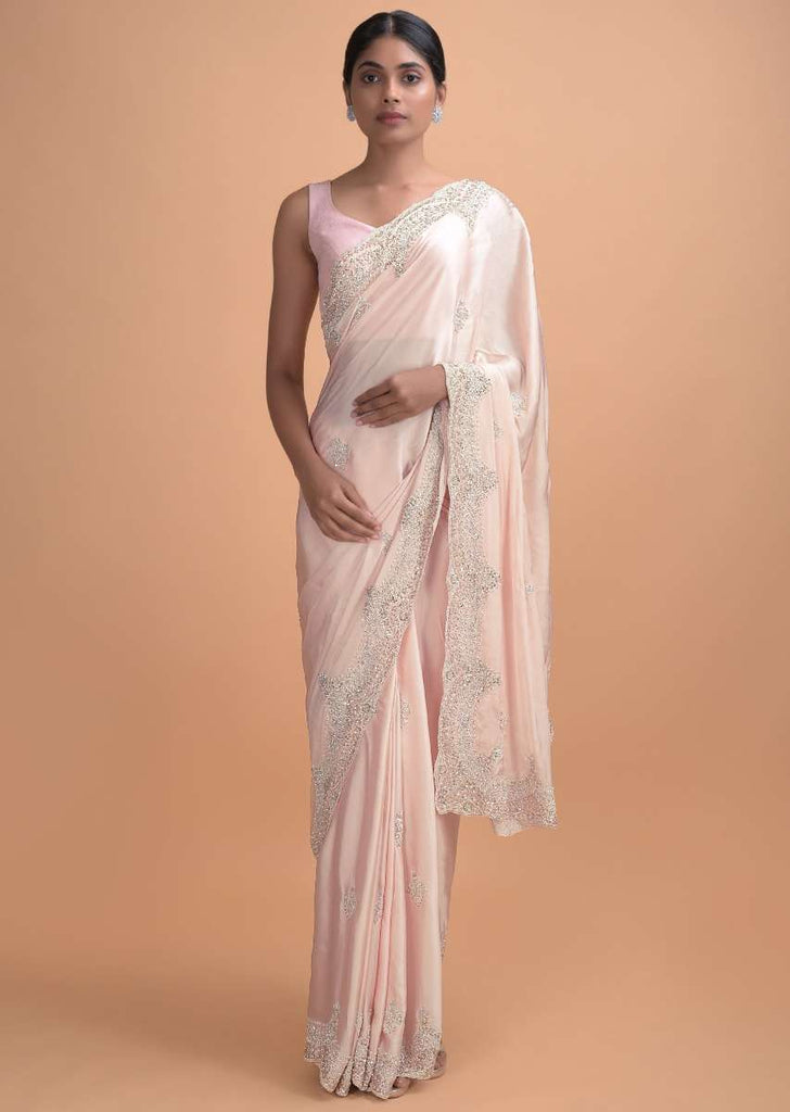 Powder Pink Saree In Satin Silk With Embellished Honeycomb Pattern And Floral Buttis Online - Kalki Online