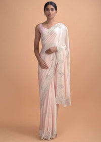 Powder Pink Saree In Satin Silk With Embellished Honeycomb Pattern And Floral Buttis Online - Kalki Online