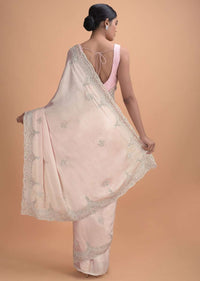 Powder Pink Saree In Satin Silk With Embellished Honeycomb Pattern And Floral Buttis Online - Kalki Online