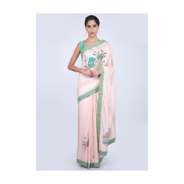 Powder pink silk saree with floral embroidered butti and border only on kalki