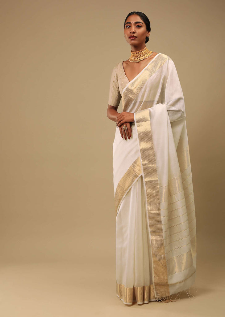 Powder White Saree In Cotton Silk With Woven Border And Stripes On The Pallu Along With Unstitched Blouse