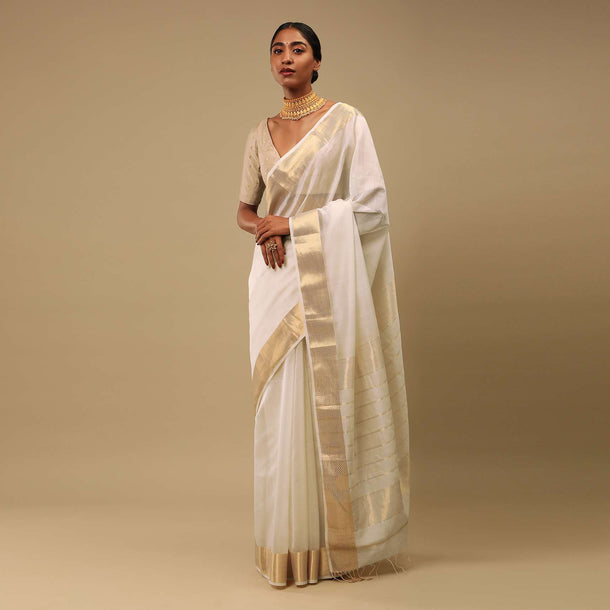 Powder White Saree In Cotton Silk With Woven Border And Stripes On The Pallu Along With Unstitched Blouse