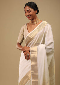 Powder White Saree In Cotton Silk With Woven Border And Stripes On The Pallu Along With Unstitched Blouse