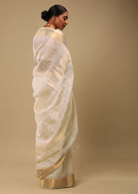 Powder White Saree In Cotton Silk With Woven Border And Stripes On The Pallu Along With Unstitched Blouse