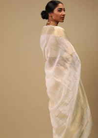 Powder White Saree In Cotton Silk With Woven Border And Stripes On The Pallu Along With Unstitched Blouse