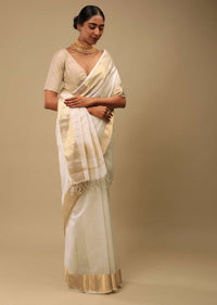 Powder White Saree In Cotton Silk With Woven Border And Stripes On The Pallu Along With Unstitched Blouse