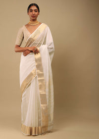 Powder White Saree In Cotton Silk With Woven Border And Stripes On The Pallu Along With Unstitched Blouse