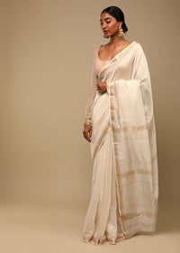 Powder White Saree In Cotton Silk With Woven Golden Stripe Detailing And Unstitched Blouse