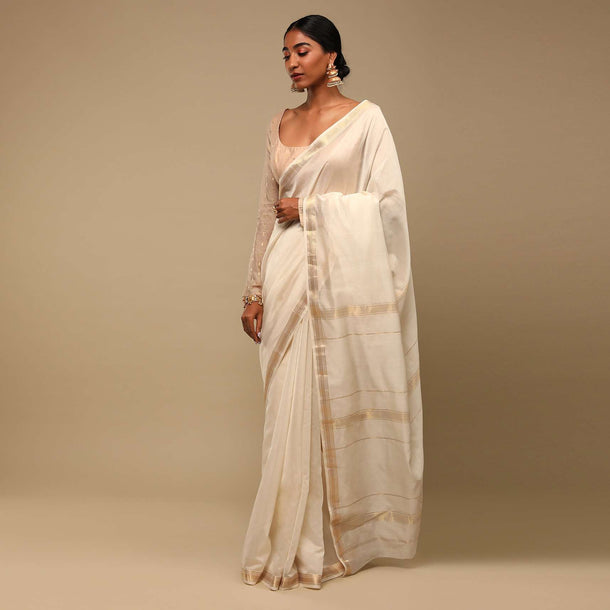 Powder White Saree In Cotton Silk With Woven Golden Stripe Detailing And Unstitched Blouse