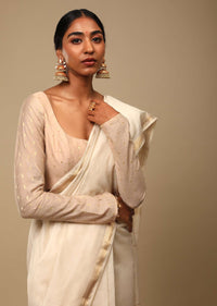 Powder White Saree In Cotton Silk With Woven Golden Stripe Detailing And Unstitched Blouse