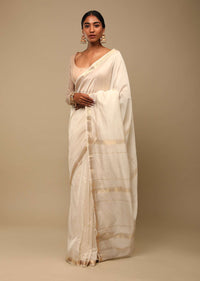 Powder White Saree In Cotton Silk With Woven Golden Stripe Detailing And Unstitched Blouse