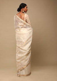 Powder White Saree In Cotton Silk With Woven Golden Stripe Detailing And Unstitched Blouse