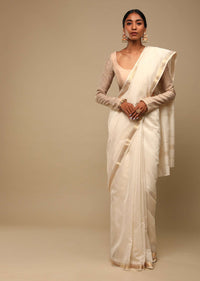 Powder White Saree In Cotton Silk With Woven Golden Stripe Detailing And Unstitched Blouse