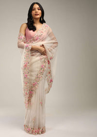 Powder White Saree In Organza With 3D Flower Embroidered Border And Buttis Featuring Multi Colored Moti And Sequins