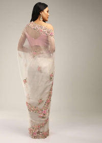 Powder White Saree In Organza With 3D Flower Embroidered Border And Buttis Featuring Multi Colored Moti And Sequins