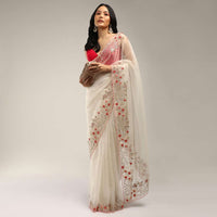 Powder White Saree In Organza With Colorful Resham Flowers On The Border Along With Moti And Cut Dana Accents