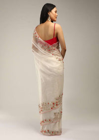 Powder White Saree In Organza With Colorful Resham Flowers On The Border Along With Moti And Cut Dana Accents