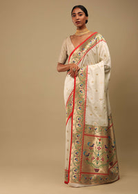 Powder White Saree In Art Handloom Silk With Woven Geometric Buttis, Peacock Motifs On The Border And Unstitched Blouse