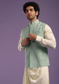 Powder Blue Bandi Jacket Set In Tussar With A Cowl Pleated Kurta