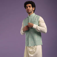 Powder Blue Bandi Jacket Set In Tussar With A Cowl Pleated Kurta