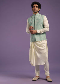 Powder Blue Bandi Jacket Set In Tussar With A Cowl Pleated Kurta