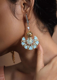 Powder Blue Earrings In A Floral Motif With Enamel Work And Embedded Stones By Kripa Pranay