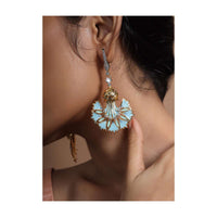 Powder Blue Earrings In A Floral Motif With Enamel Work And Embedded Stones By Kripa Pranay