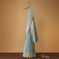 Powder Blue Embroidered Banarasi Satin Saree With Golden Butta Weave