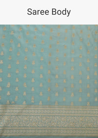 Powder Blue Embroidered Banarasi Satin Saree With Golden Butta Weave