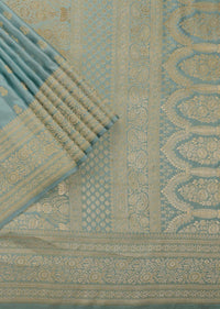 Powder Blue Embroidered Banarasi Satin Saree With Golden Butta Weave