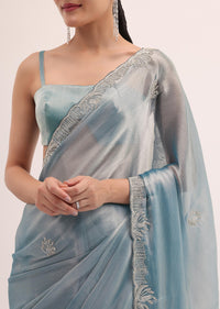 Powder Blue Embroidered Chinnon Saree With Unstitched Blouse