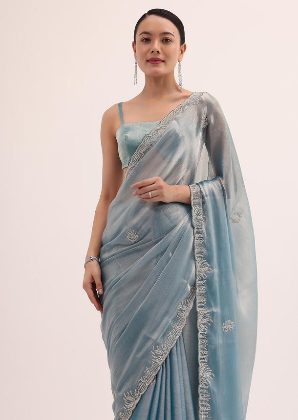 Powder Blue Embroidered Chinnon Saree With Unstitched Blouse