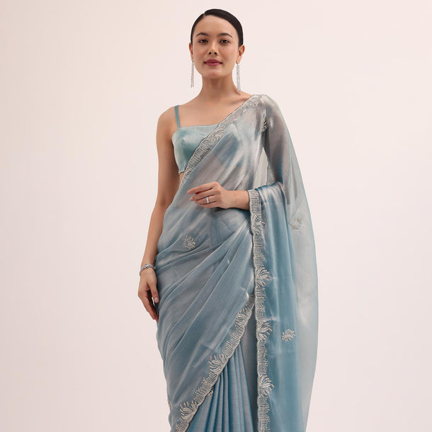 Powder Blue Embroidered Chinnon Saree With Unstitched Blouse